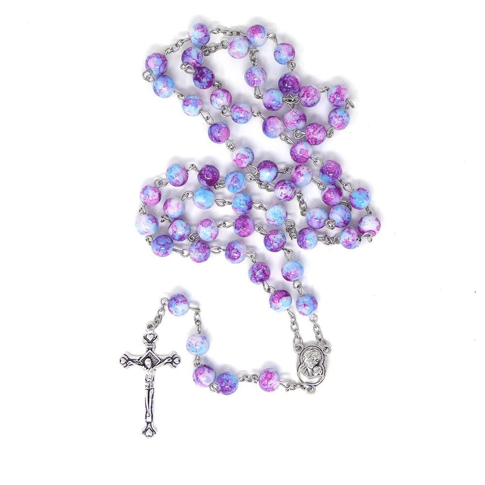 christiandiscipleshop Madonna and Child & Crucifix of 8 mm Round Multicolor Acrylic Alloy Chain Rosary