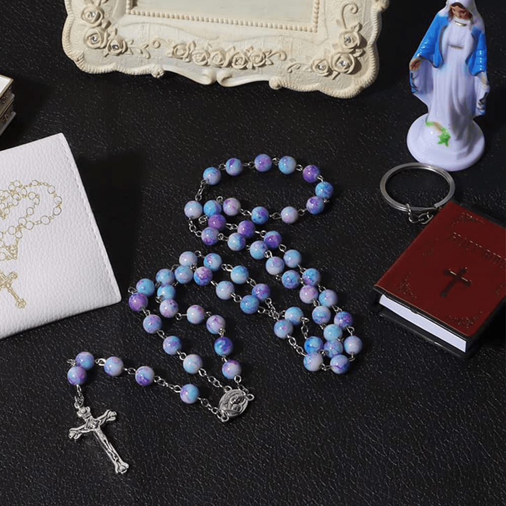 christiandiscipleshop Madonna and Child & Crucifix of 8 mm Round Multicolor Acrylic Alloy Chain Rosary