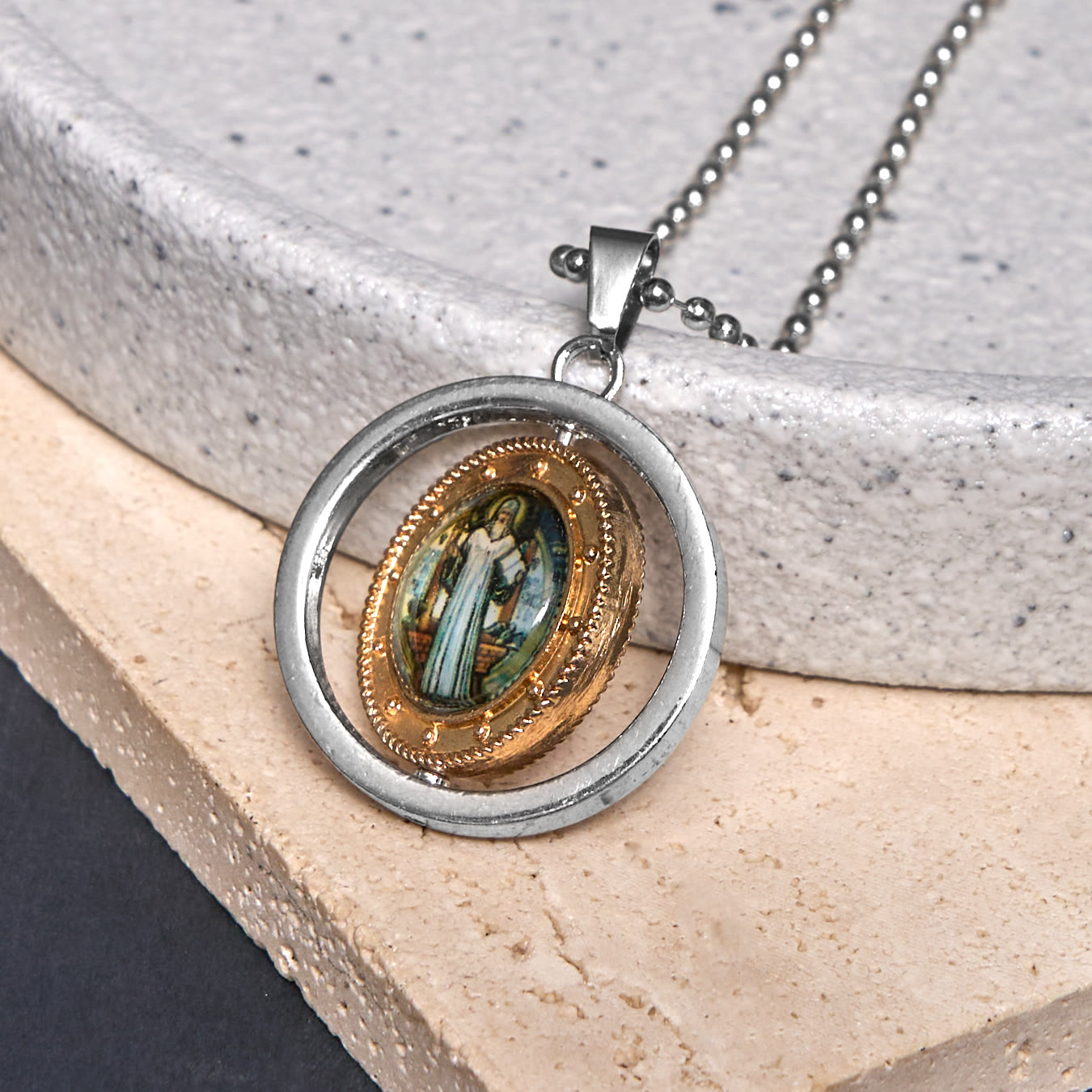 Christiandiscipleshop Retro Style Jesus St. Benendict Vrigin Mary Icon Rotating Pendant Necklace
