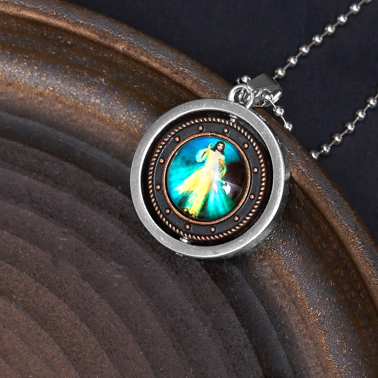 Christiandiscipleshop Retro Style Jesus St. Benendict Vrigin Mary Icon Rotating Pendant Necklace