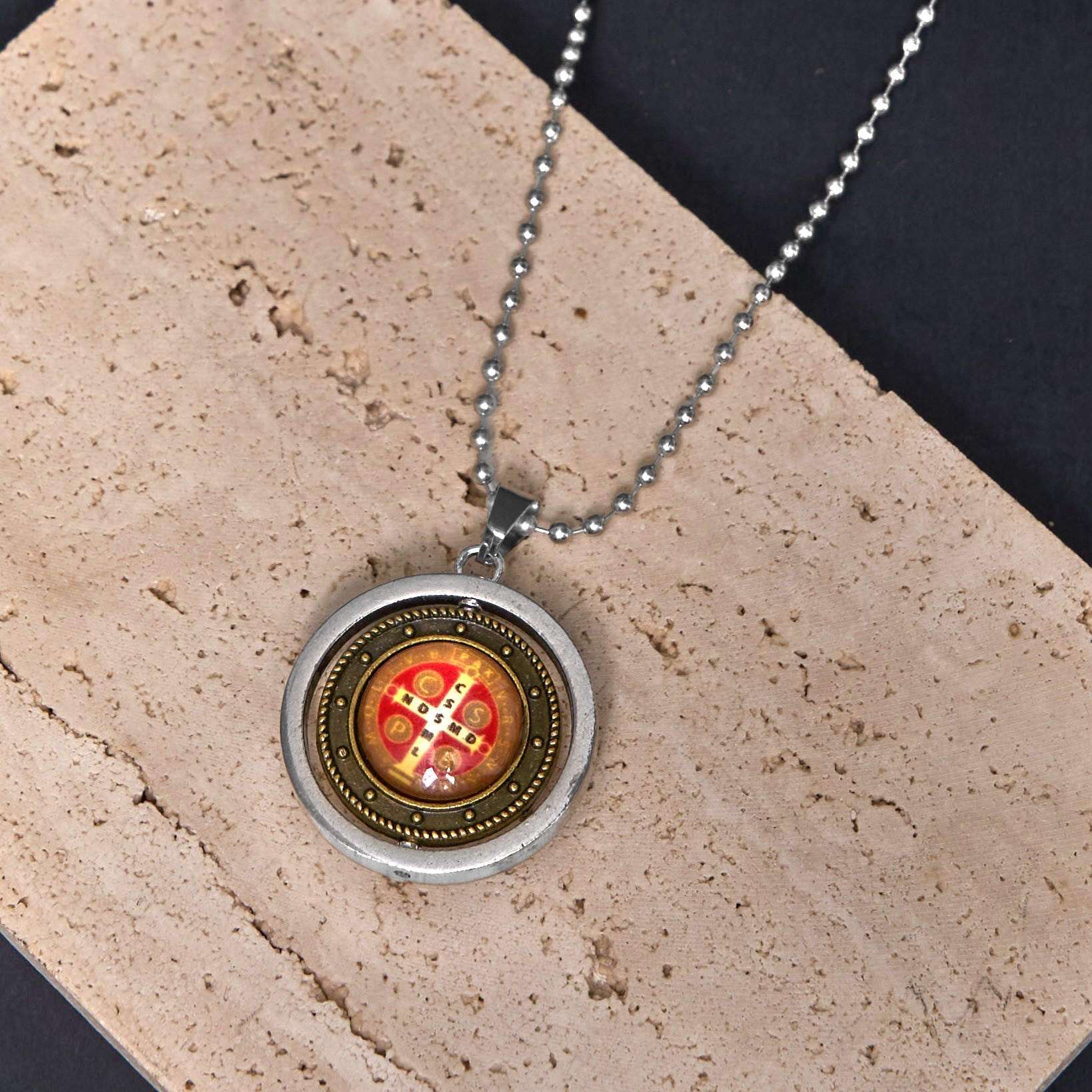 Christiandiscipleshop Retro Style Jesus St. Benendict Vrigin Mary Icon Rotating Pendant Necklace