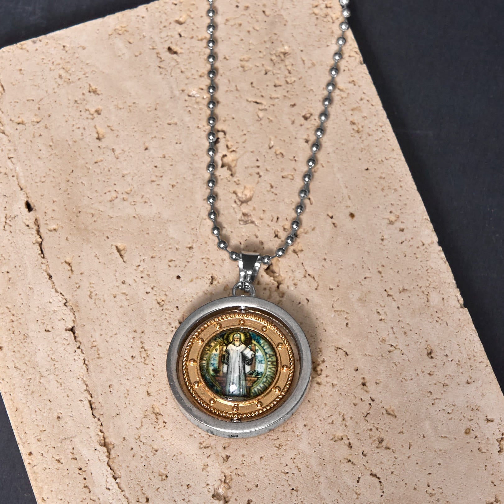 Christiandiscipleshop Retro Style Jesus St. Benendict Vrigin Mary Icon Rotating Pendant Necklace