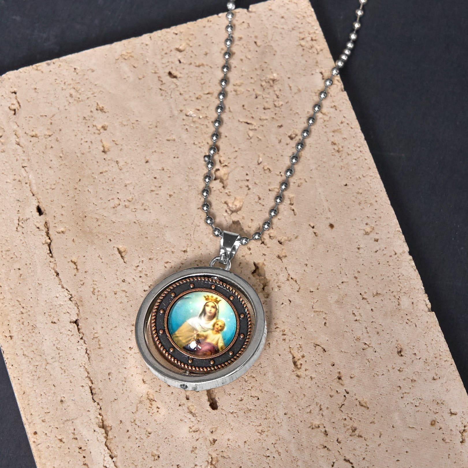 Christiandiscipleshop Retro Style Jesus St. Benendict Vrigin Mary Icon Rotating Pendant Necklace
