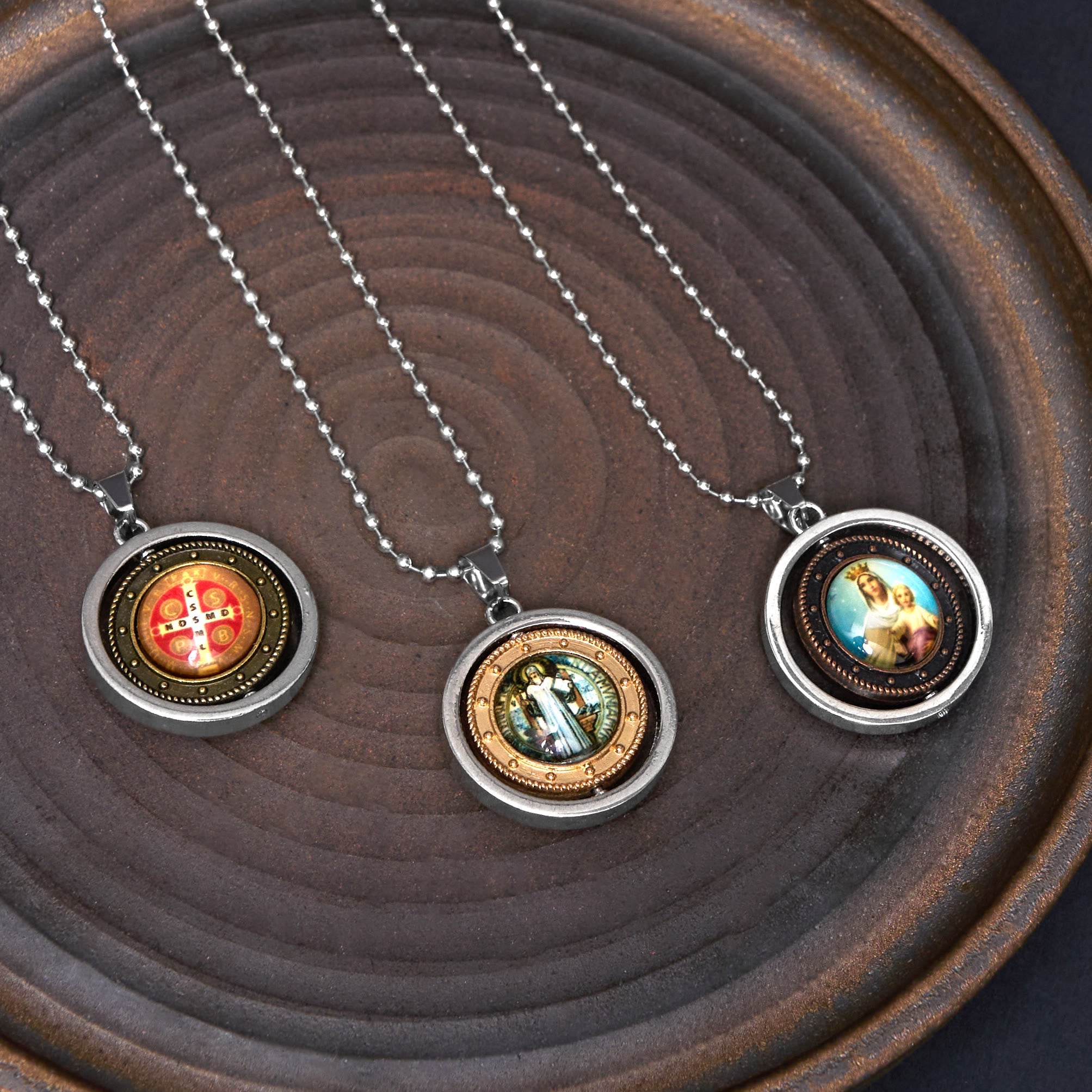Christiandiscipleshop Retro Style Jesus St. Benendict Vrigin Mary Icon Rotating Pendant Necklace