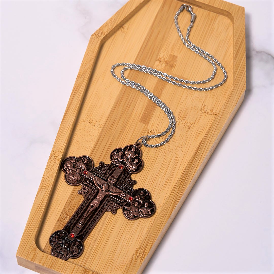 Christiandiscipleshop Classic Style Ornate Crucifix with All Saint Iconography & Red Gems Accents Pendant Necklace