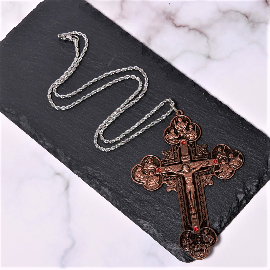Christiandiscipleshop Classic Style Ornate Crucifix with All Saint Iconography & Red Gems Accents Pendant Necklace