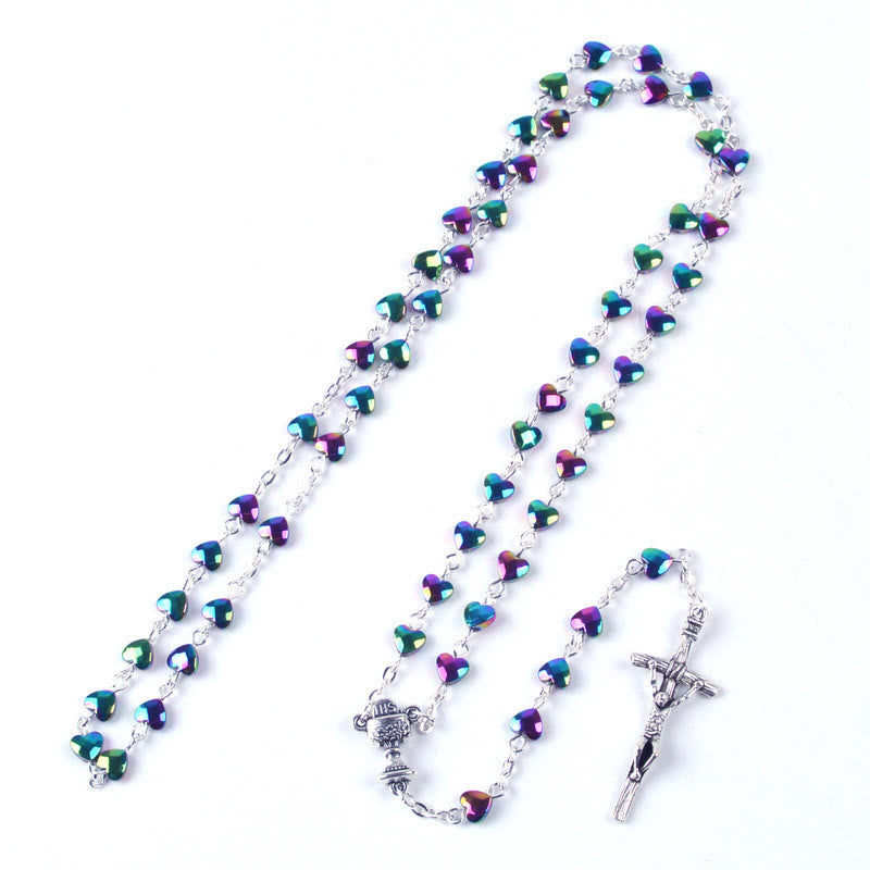 christiandiscipleshop Holy Gail & Crucifix of 6 mm Heart Multicolor Black Gallstone Alloy Chain Rosary