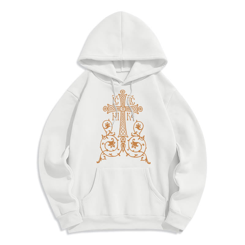 Christiandiscipleshop Classic Style Sacred Cross Emblem Floral Vines Fleece Lined Polyester Hoodie