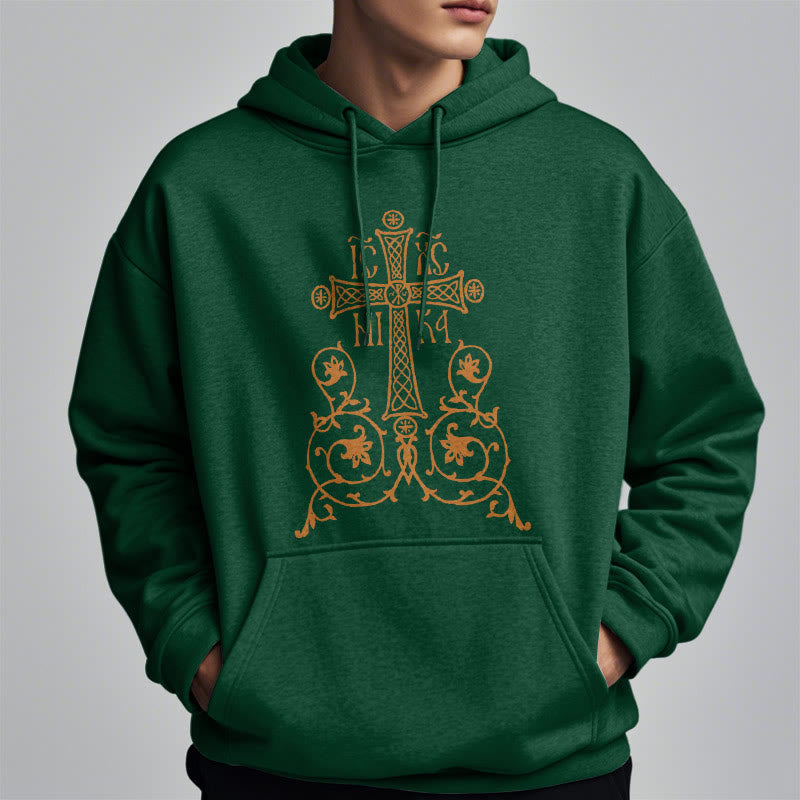 Christiandiscipleshop Classic Style Sacred Cross Emblem Floral Vines Fleece Lined Polyester Hoodie