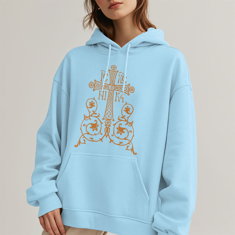 Christiandiscipleshop Classic Style Sacred Cross Emblem Floral Vines Fleece Lined Polyester Hoodie