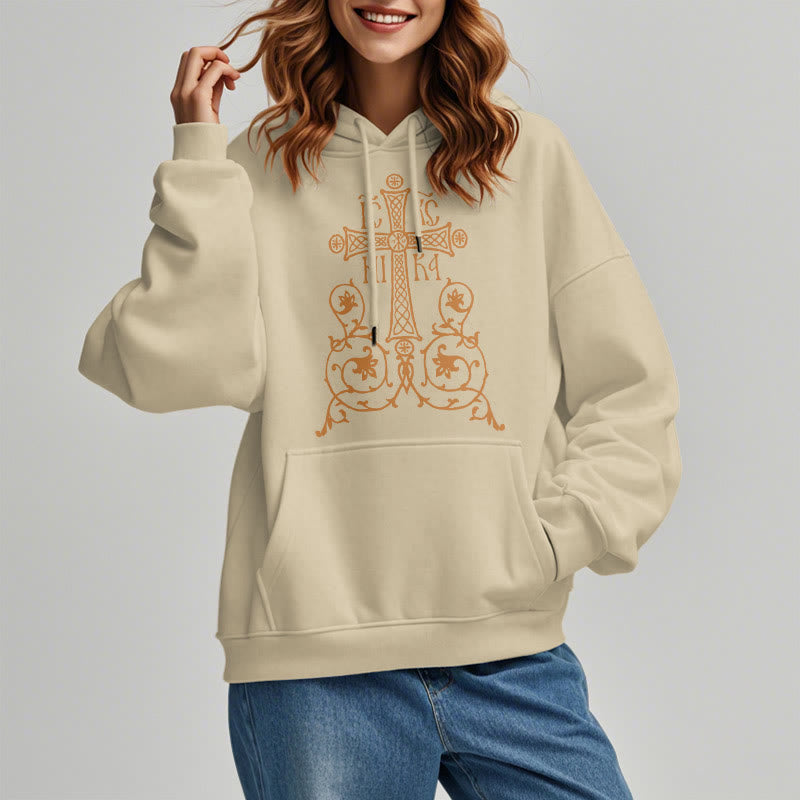 Christiandiscipleshop Classic Style Sacred Cross Emblem Floral Vines Fleece Lined Polyester Hoodie