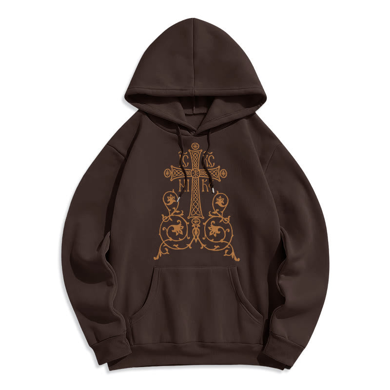 Christiandiscipleshop Classic Style Sacred Cross Emblem Floral Vines Fleece Lined Polyester Hoodie
