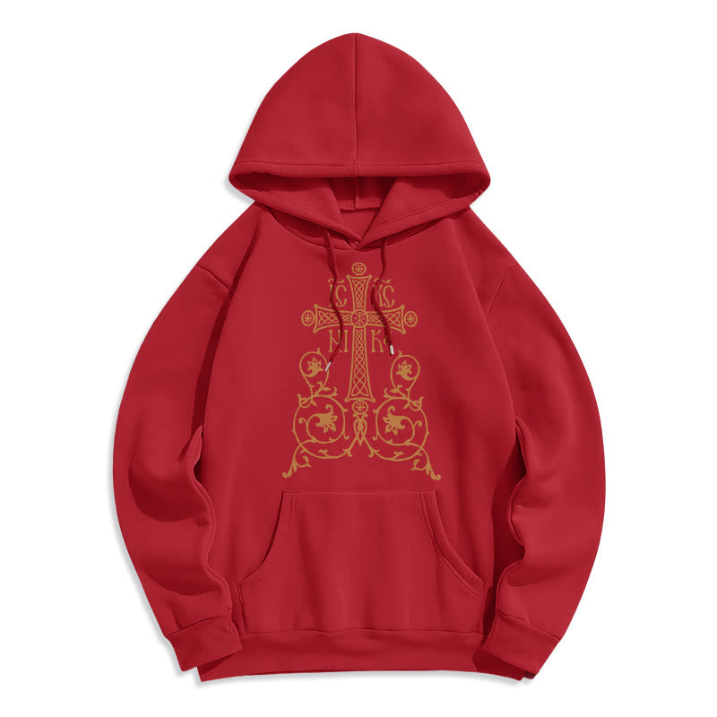 Christiandiscipleshop Classic Style Sacred Cross Emblem Floral Vines Fleece Lined Polyester Hoodie