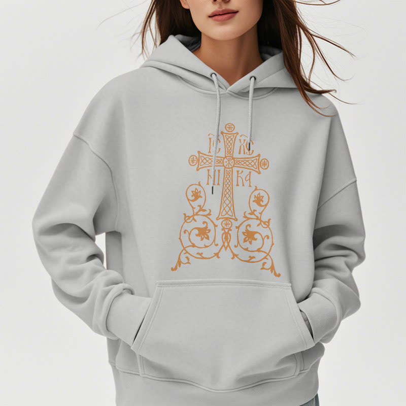 Christiandiscipleshop Classic Style Sacred Cross Emblem Floral Vines Fleece Lined Polyester Hoodie