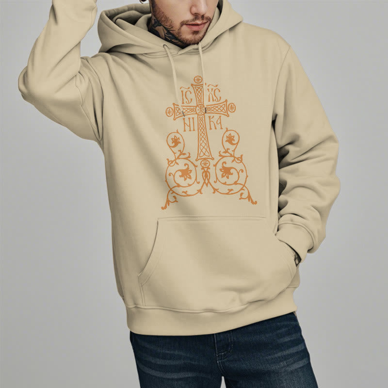 Christiandiscipleshop Classic Style Sacred Cross Emblem Floral Vines Fleece Lined Polyester Hoodie