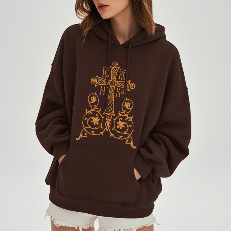 Christiandiscipleshop Classic Style Sacred Cross Emblem Floral Vines Fleece Lined Polyester Hoodie
