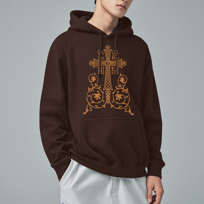 Christiandiscipleshop Classic Style Sacred Cross Emblem Floral Vines Fleece Lined Polyester Hoodie