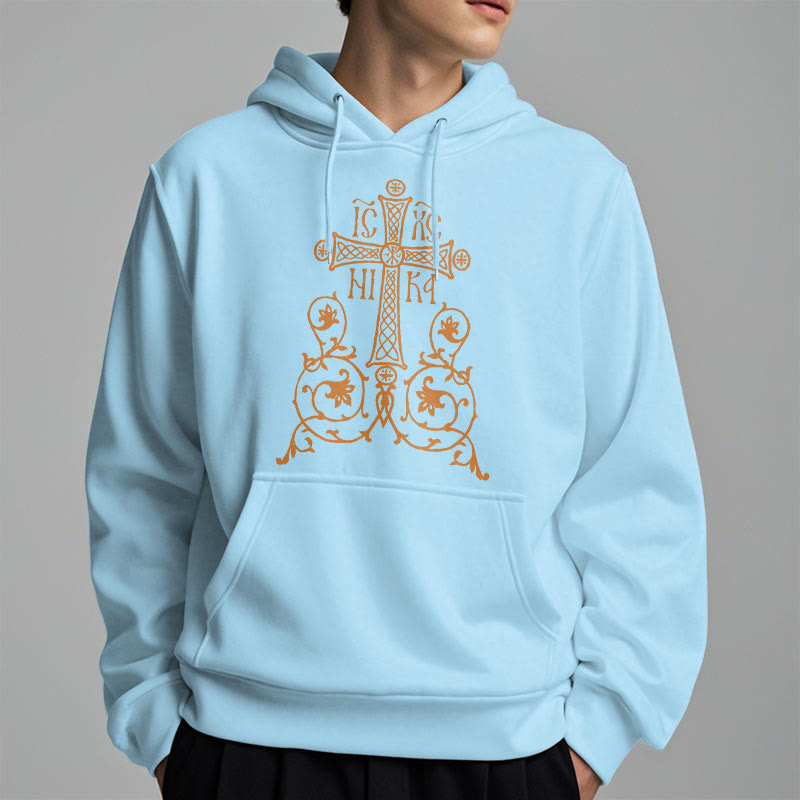 Christiandiscipleshop Classic Style Sacred Cross Emblem Floral Vines Fleece Lined Polyester Hoodie
