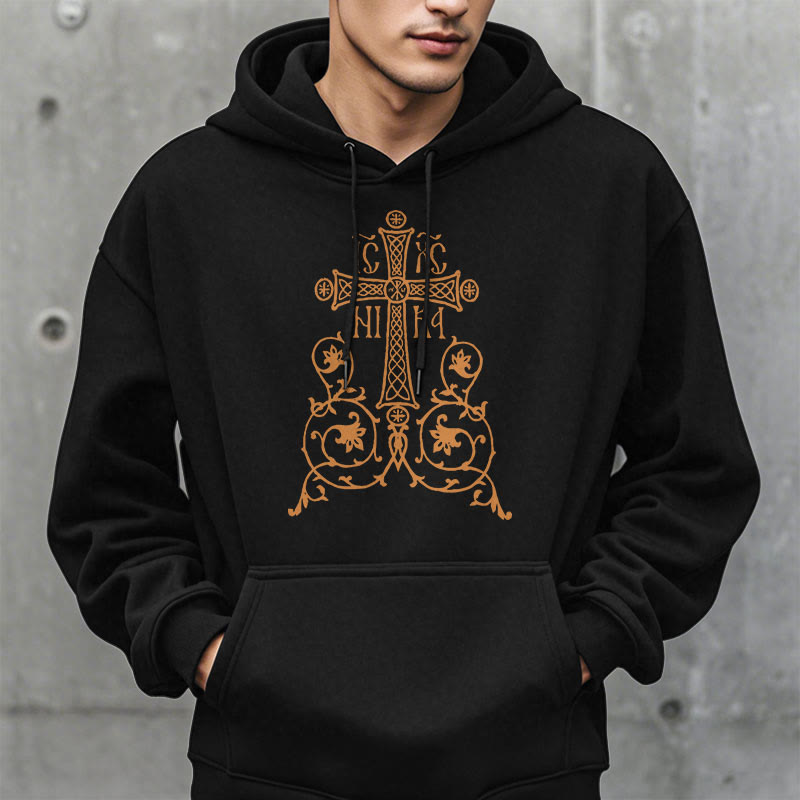 Christiandiscipleshop Classic Style Sacred Cross Emblem Floral Vines Fleece Lined Polyester Hoodie