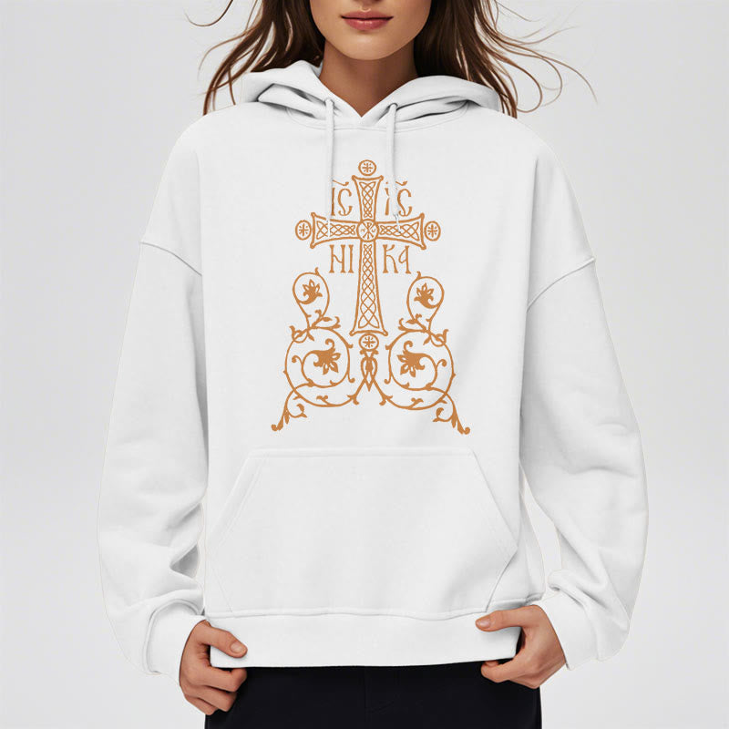 Christiandiscipleshop Classic Style Sacred Cross Emblem Floral Vines Fleece Lined Polyester Hoodie