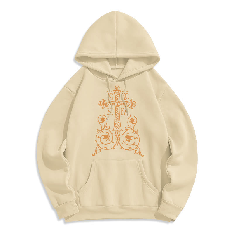 Christiandiscipleshop Classic Style Sacred Cross Emblem Floral Vines Fleece Lined Polyester Hoodie