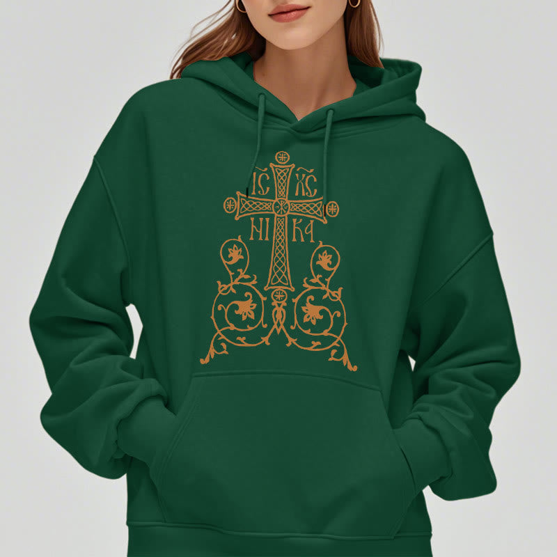 Christiandiscipleshop Classic Style Sacred Cross Emblem Floral Vines Fleece Lined Polyester Hoodie