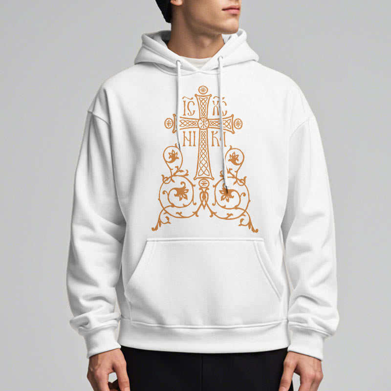Christiandiscipleshop Classic Style Sacred Cross Emblem Floral Vines Fleece Lined Polyester Hoodie