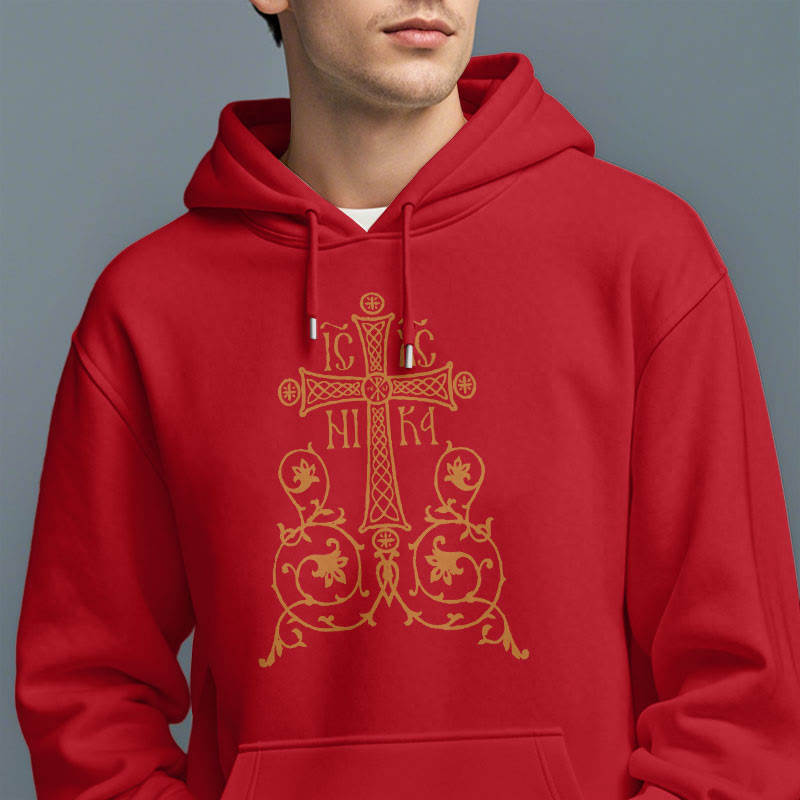 Christiandiscipleshop Classic Style Sacred Cross Emblem Floral Vines Fleece Lined Polyester Hoodie