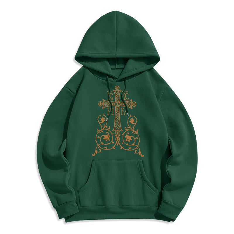 Christiandiscipleshop Classic Style Sacred Cross Emblem Floral Vines Fleece Lined Polyester Hoodie