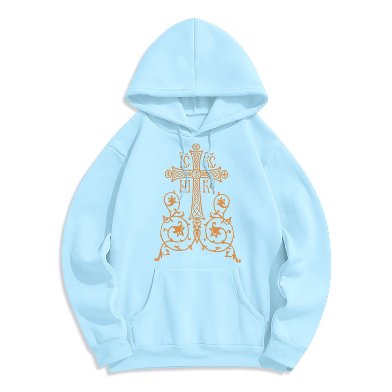 Christiandiscipleshop Classic Style Sacred Cross Emblem Floral Vines Fleece Lined Polyester Hoodie
