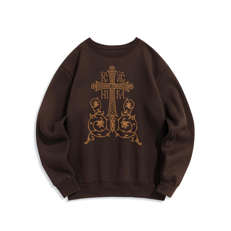 Christiandiscipleshop Classic Style Sacred Cross Emblem Floral Vines Fleece Lined Polyester Sweatshirt
