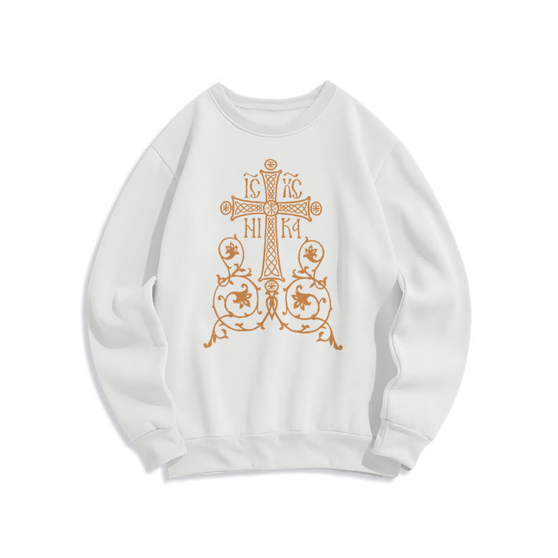 Christiandiscipleshop Classic Style Sacred Cross Emblem Floral Vines Fleece Lined Polyester Sweatshirt