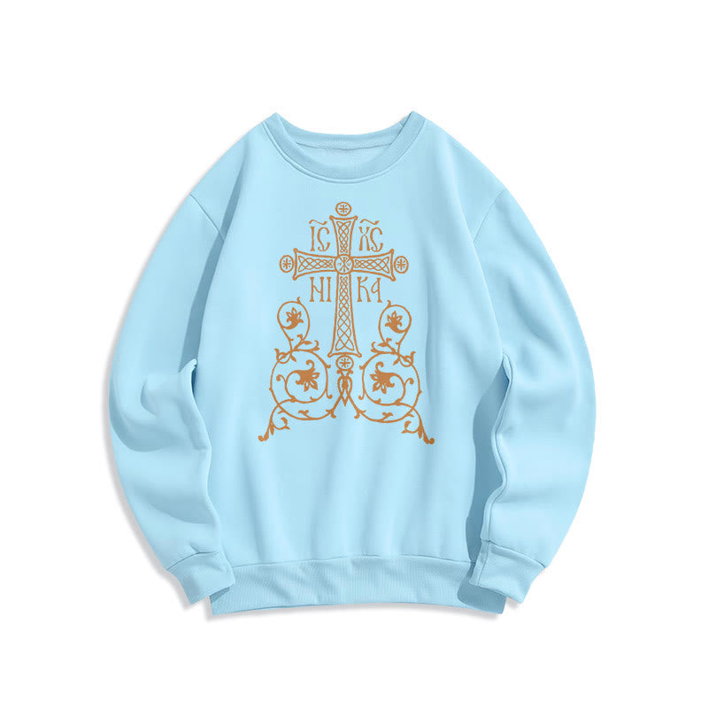 Christiandiscipleshop Classic Style Sacred Cross Emblem Floral Vines Fleece Lined Polyester Sweatshirt