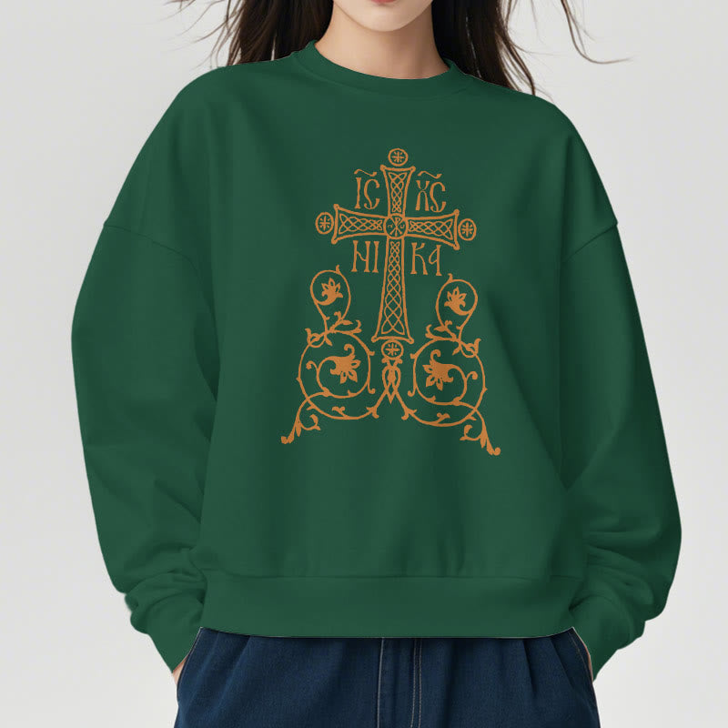 Christiandiscipleshop Classic Style Sacred Cross Emblem Floral Vines Fleece Lined Polyester Sweatshirt