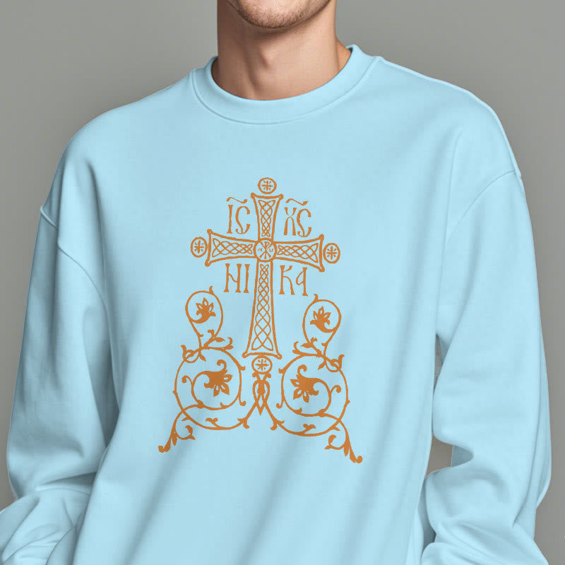 Christiandiscipleshop Classic Style Sacred Cross Emblem Floral Vines Fleece Lined Polyester Sweatshirt