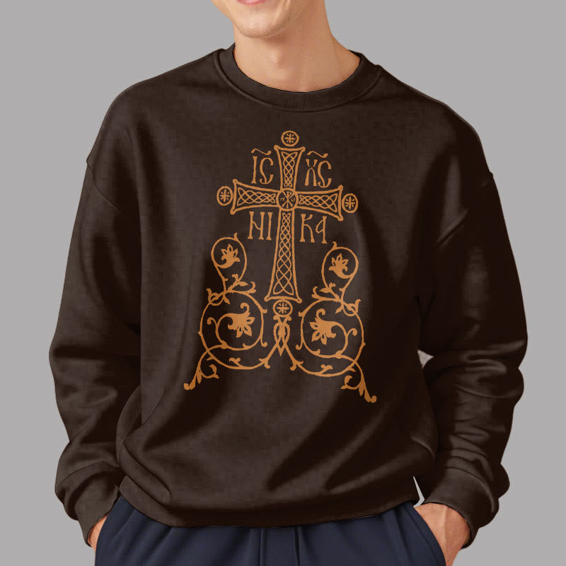 Christiandiscipleshop Classic Style Sacred Cross Emblem Floral Vines Fleece Lined Polyester Sweatshirt
