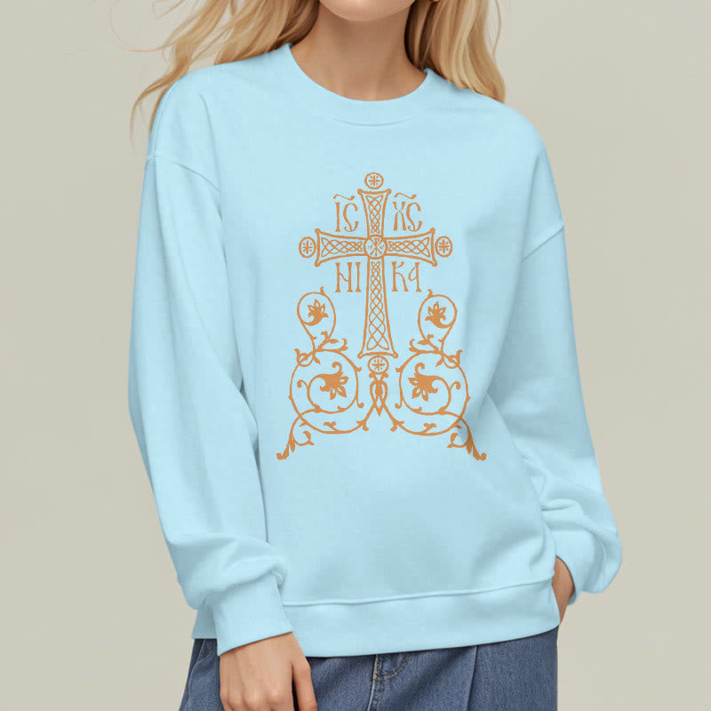 Christiandiscipleshop Classic Style Sacred Cross Emblem Floral Vines Fleece Lined Polyester Sweatshirt