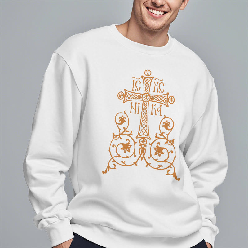 Christiandiscipleshop Classic Style Sacred Cross Emblem Floral Vines Fleece Lined Polyester Sweatshirt