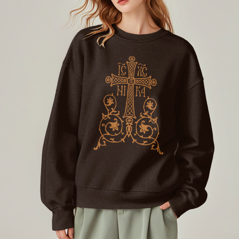 Christiandiscipleshop Classic Style Sacred Cross Emblem Floral Vines Fleece Lined Polyester Sweatshirt
