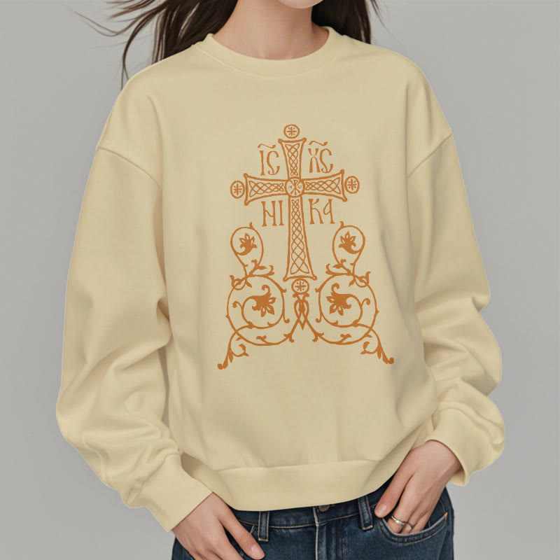 Christiandiscipleshop Classic Style Sacred Cross Emblem Floral Vines Fleece Lined Polyester Sweatshirt