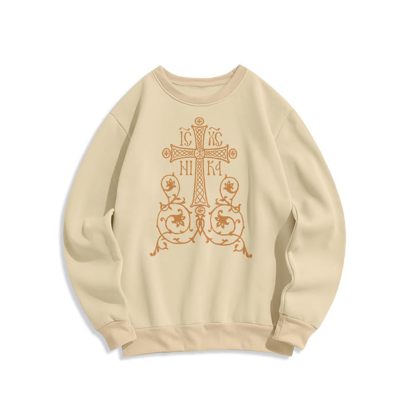 Christiandiscipleshop Classic Style Sacred Cross Emblem Floral Vines Fleece Lined Polyester Sweatshirt