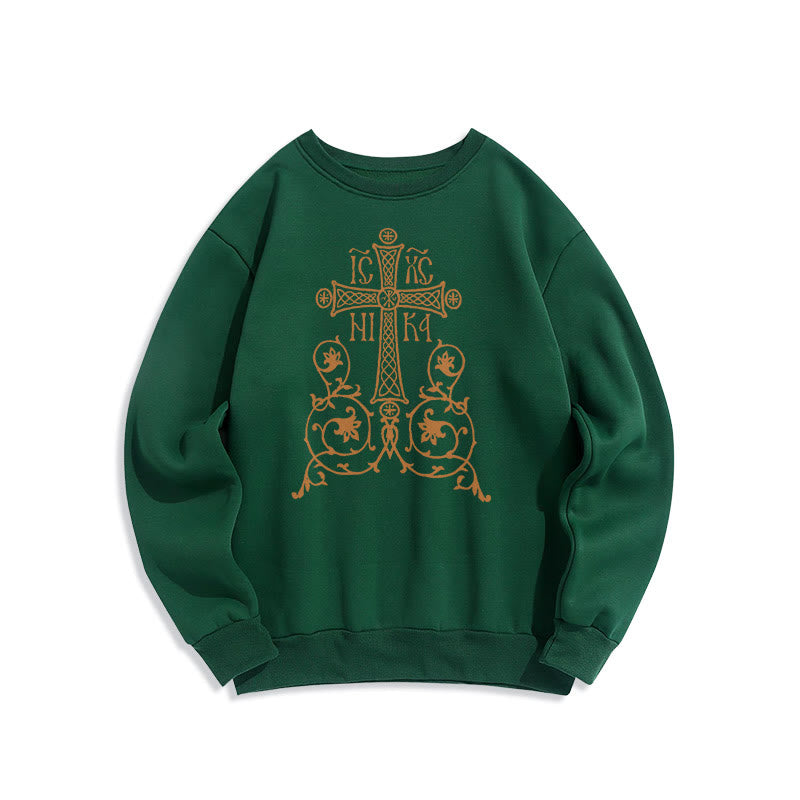 Christiandiscipleshop Classic Style Sacred Cross Emblem Floral Vines Fleece Lined Polyester Sweatshirt