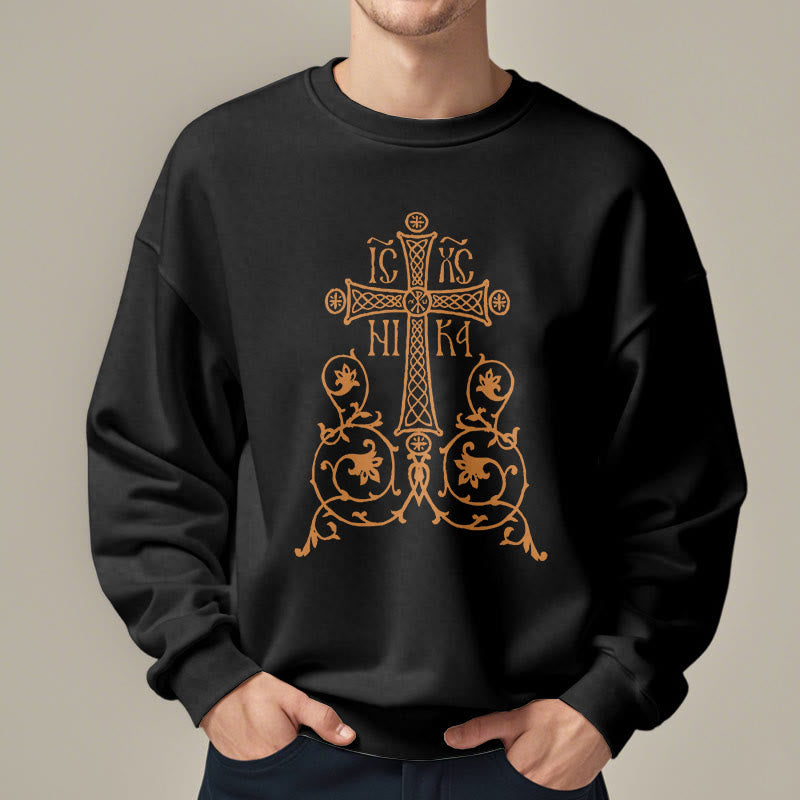 Christiandiscipleshop Classic Style Sacred Cross Emblem Floral Vines Fleece Lined Polyester Sweatshirt