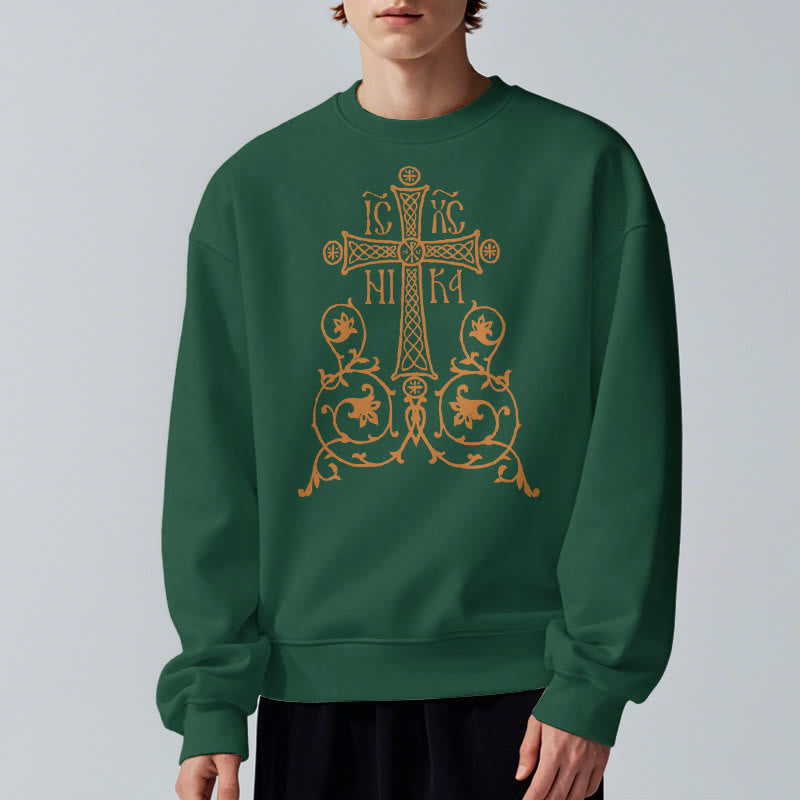 Christiandiscipleshop Classic Style Sacred Cross Emblem Floral Vines Fleece Lined Polyester Sweatshirt
