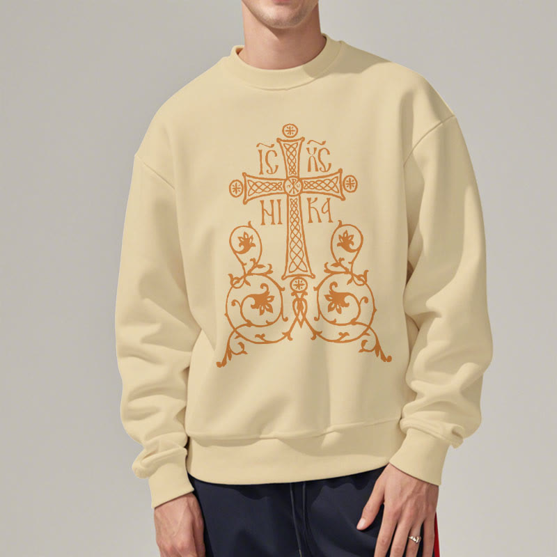 Christiandiscipleshop Classic Style Sacred Cross Emblem Floral Vines Fleece Lined Polyester Sweatshirt