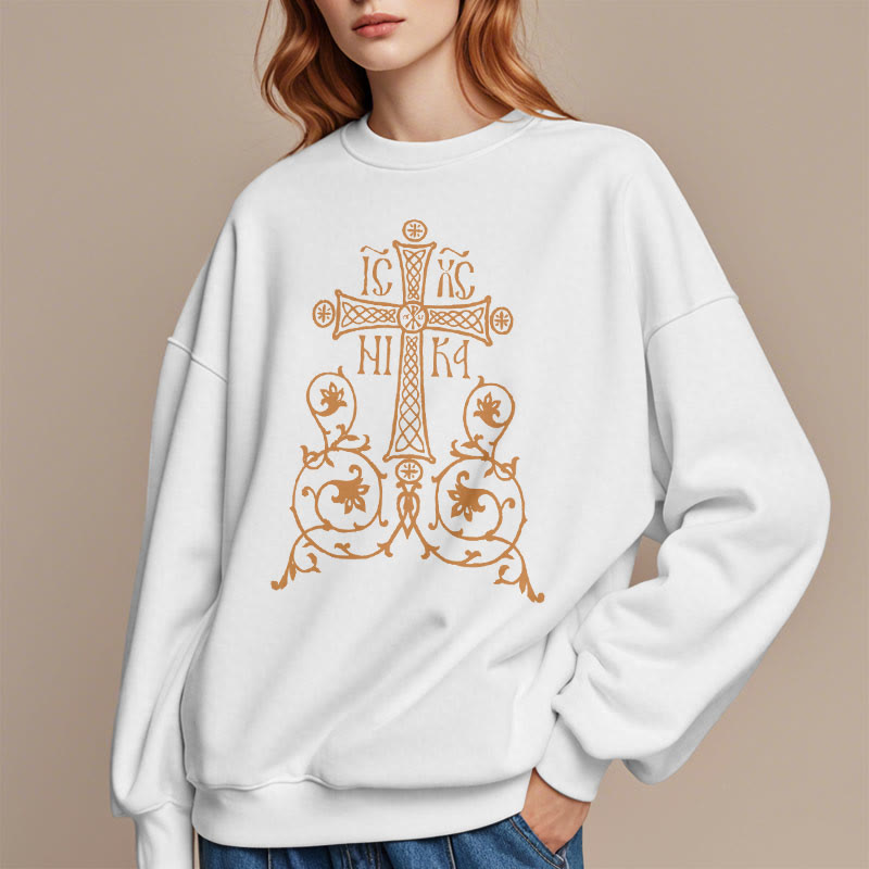 Christiandiscipleshop Classic Style Sacred Cross Emblem Floral Vines Fleece Lined Polyester Sweatshirt