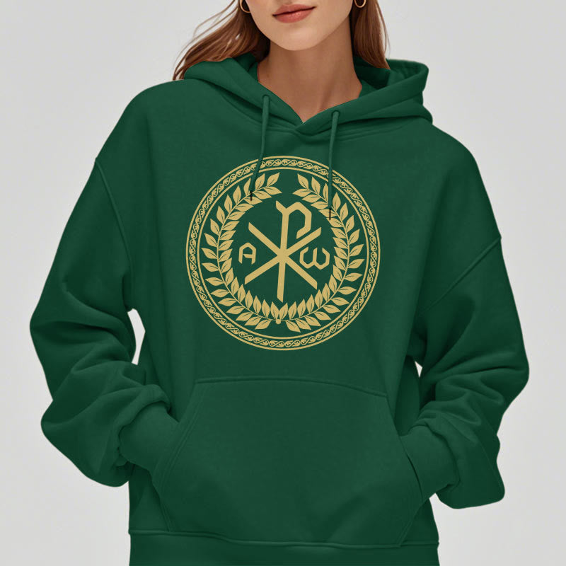 Christiandiscipleshop Classic Style Sacred Chi-rho Emblem Laurel Wreath Fleece Lined Polyester Hoodie