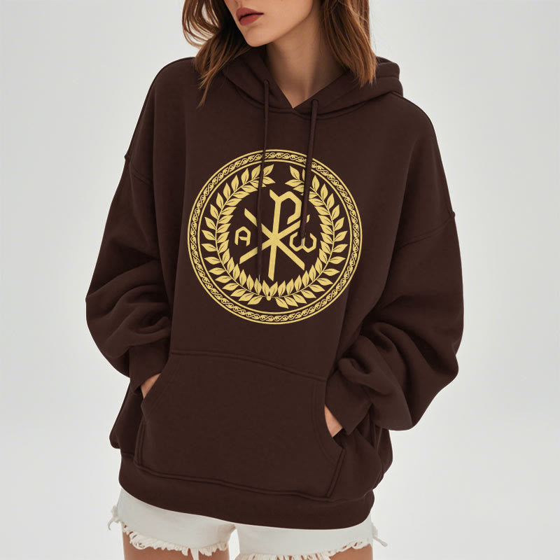 Christiandiscipleshop Classic Style Sacred Chi-rho Emblem Laurel Wreath Fleece Lined Polyester Hoodie
