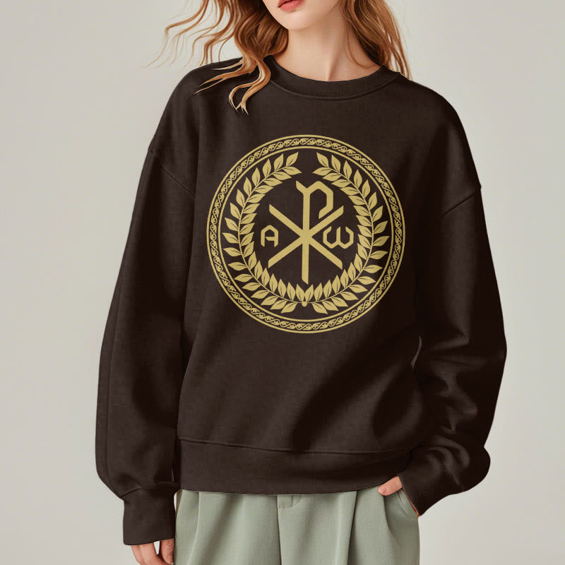 Christiandiscipleshop Classic Style Sacred Chi-rho Emblem Laurel Wreath Fleece Lined Polyester Sweatshirt