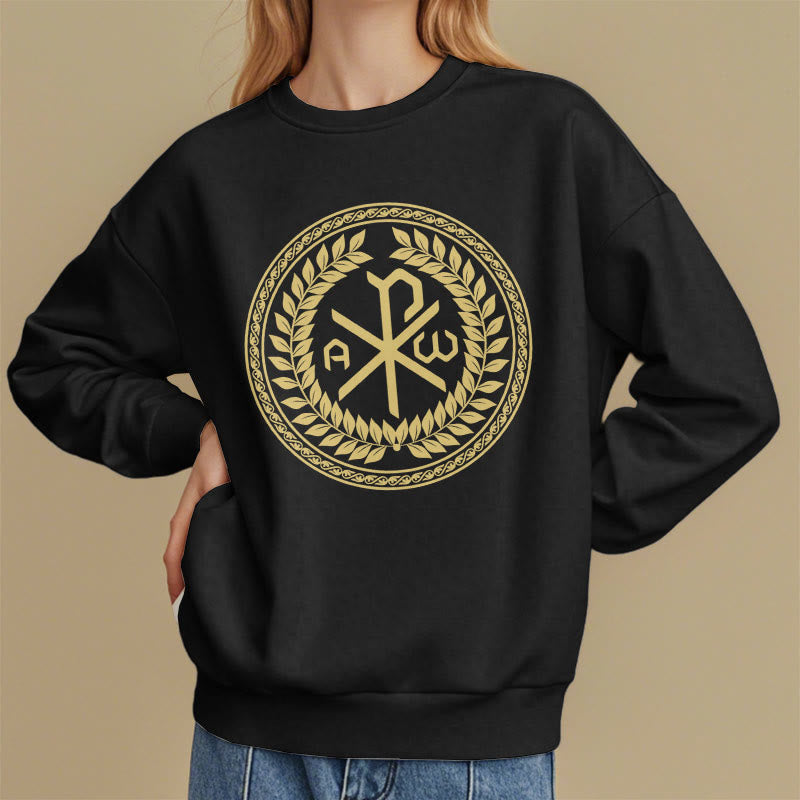 Christiandiscipleshop Classic Style Sacred Chi-rho Emblem Laurel Wreath Fleece Lined Polyester Sweatshirt